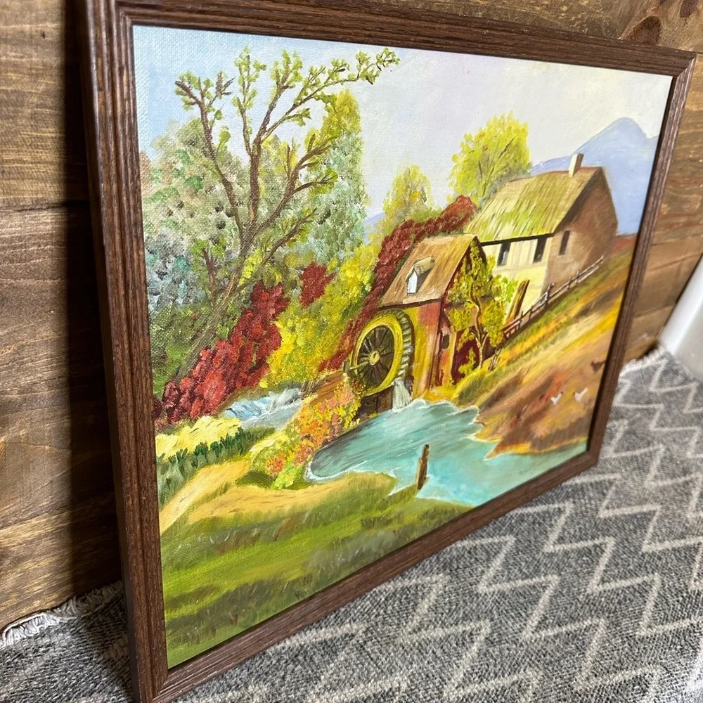 Vintage Rustic Land Scape Water Mill Original Painting Signed original frame